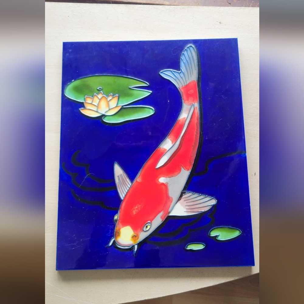 11x14" Vibrant Vintage Glass Tile Koi Fish Wall Art for Aquatic Enthusiasts